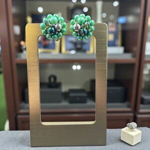 Vintage Japan Green Bead Cluster Clip On Earrings Retro Pearl Costume Jewelry‎